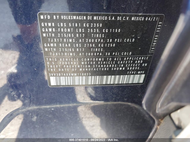 3VV3B7AXXMM118833 Volkswagen Tiguan Se/se R-line Black/sel