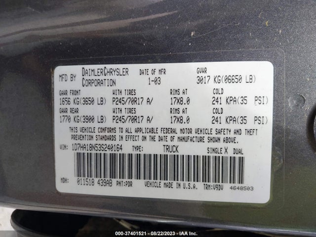2003 DODGE RAM 1500 ST/SLT VIN: 1D7HA18N53S240164
