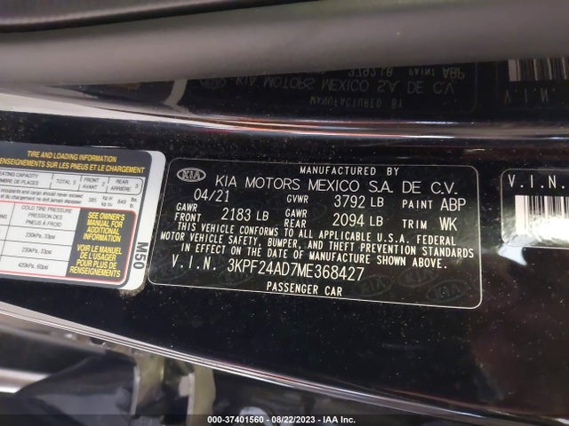 2021 KIA FORTE FE VIN: 3KPF24AD7ME368427