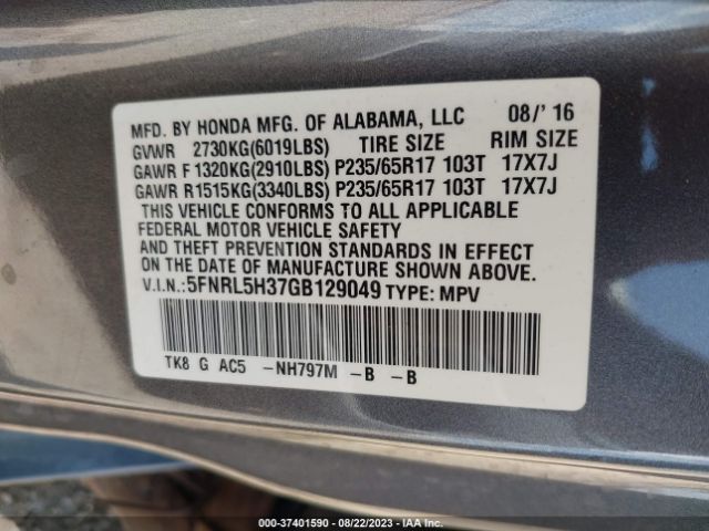 5FNRL5H37GB129049 Honda ODYSSEY SE