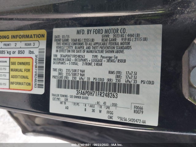 Ford FUSION SE 2015 3FA6P0H71FR248263 Image 9