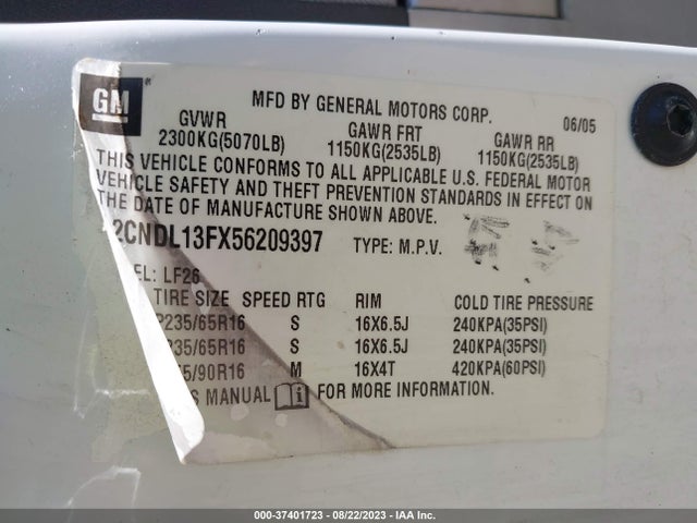 2005 CHEVROLET EQUINOX LS VIN: 2CNDL13FX56209397