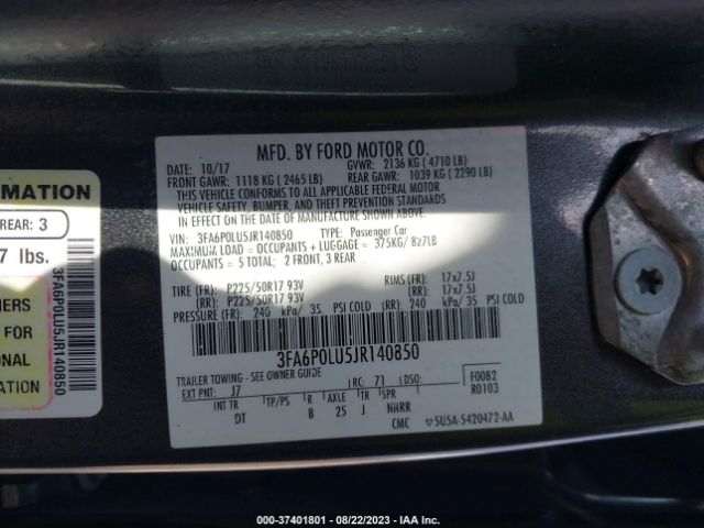 3FA6P0LU5JR140850 Ford Fusion Hybrid Se