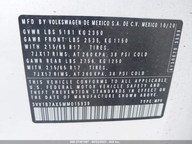 3VV1B7AX5MM015939 Volkswagen TIGUAN S