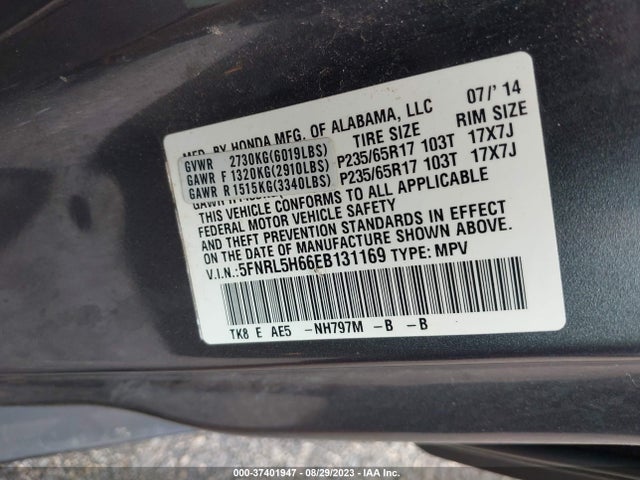 Honda Odyssey Ex-l 2014 5FNRL5H66EB131169 Image 9