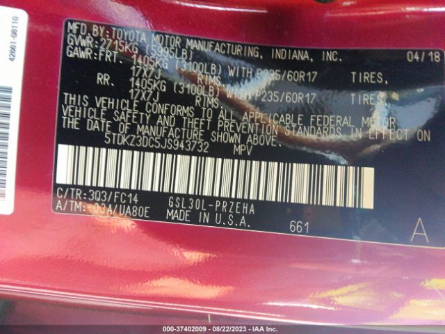 5TDKZ3DC5JS943732 Toyota SIENNA LE