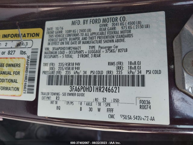 Ford FUSION SE 2017 3FA6P0HD1HR246621 Image 9