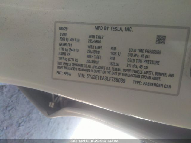 5YJ3E1EA3LF785089 Tesla Model 3 Standard Range