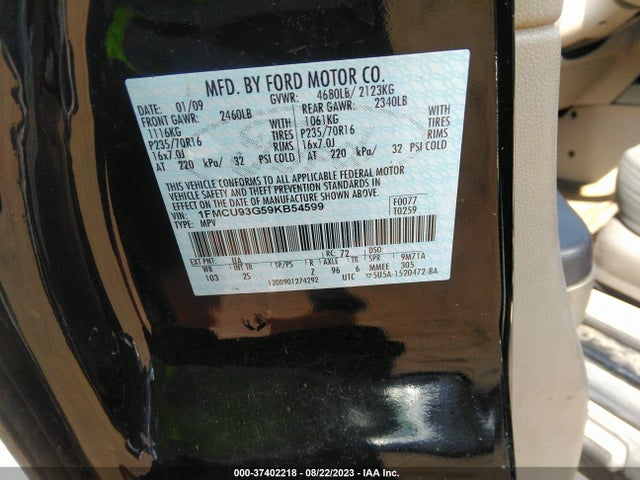 2009 FORD ESCAPE XLT VIN: 1FMCU93G59KB54599