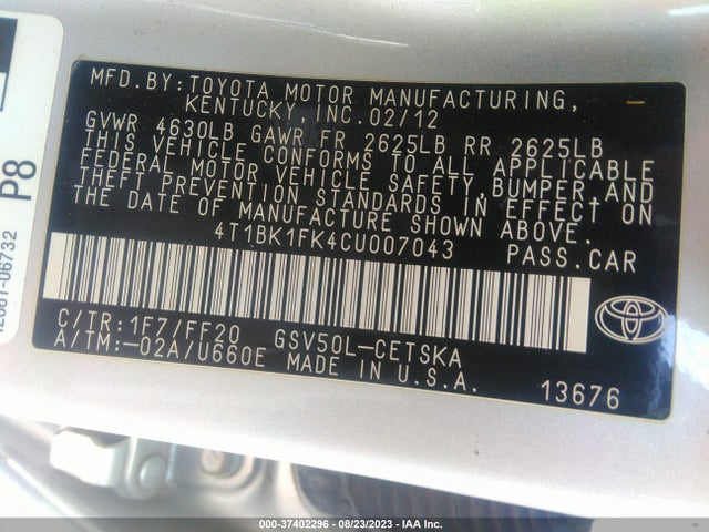2012 TOYOTA CAMRY SE/XLE VIN: 4T1BK1FK4CU007043