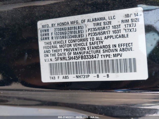 Honda ODYSSEY EX 2015 5FNRL5H45FB033847 Image 9