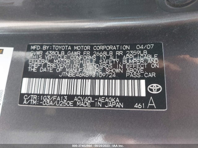2007 TOYOTA CAMRY CE/LE/SE/XLE VIN: JTNBE46K673109724