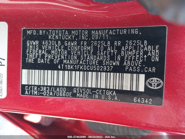 2012 TOYOTA CAMRY SE/XLE VIN: 4T1BK1FK0CU502937