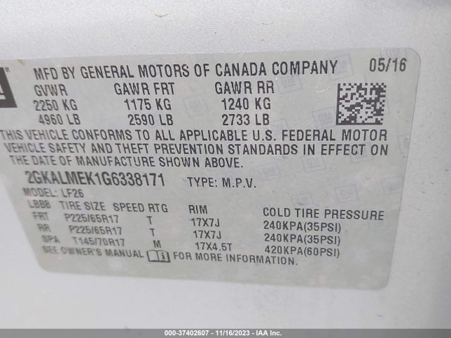 GMC Terrain Sle-1 2016 2GKALMEK1G6338171 Image 9