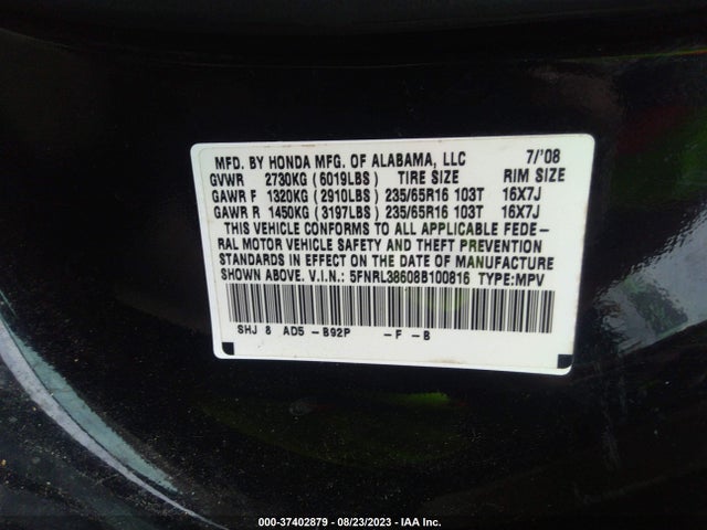 2008 HONDA ODYSSEY EX-L VIN: 5FNRL38608B100816