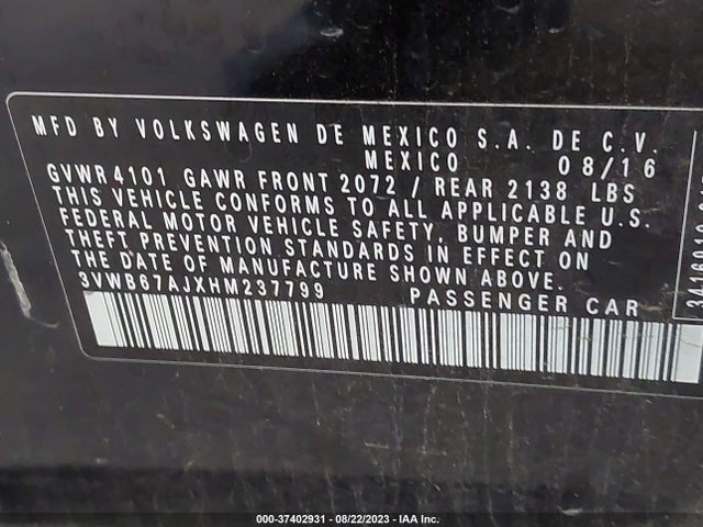 3VWB67AJXHM237799 Volkswagen Jetta 1.4t Se