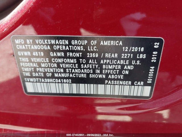 1VWDT7A39HC041602 Volkswagen Passat R-line W/comfort Pkg