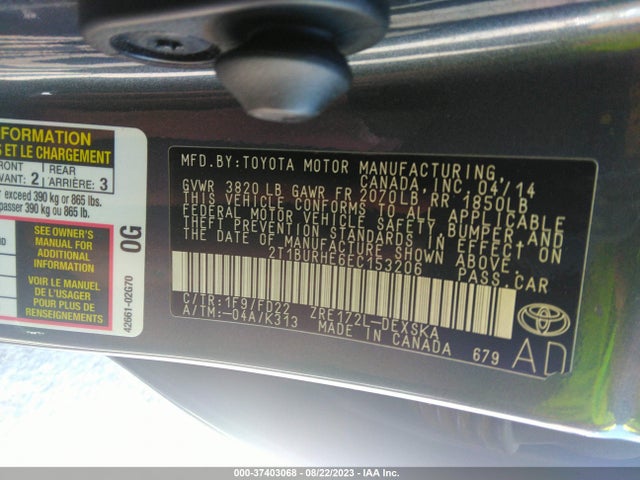 2014 TOYOTA COROLLA L/LE/S/S PLUS/LE PLUS VIN: 2T1BURHE6EC153206