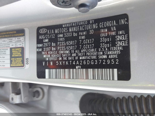 2013 KIA SORENTO LX VIN: 5XYKT4A26DG372952