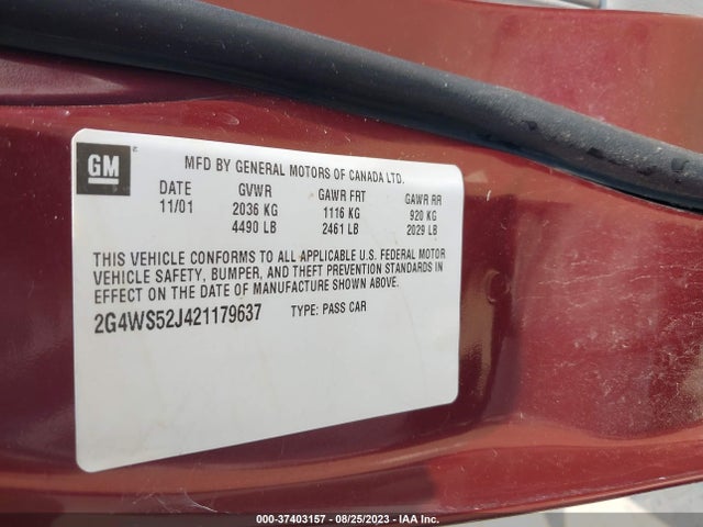 2002 BUICK CENTURY CUSTOM VIN: 2G4WS52J421179637