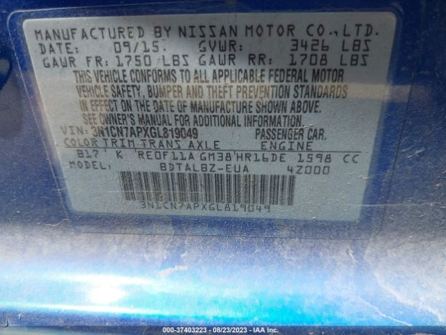 3N1CN7APXGL819049 Nissan VERSA SV