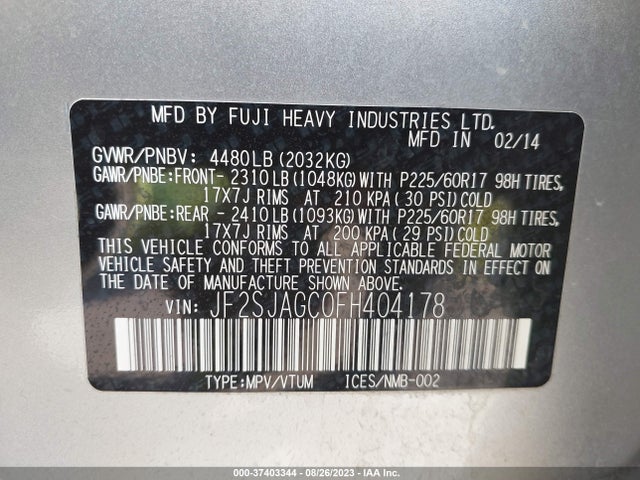 2015 SUBARU FORESTER 2.5I PREMIUM VIN: JF2SJAGC0FH404178