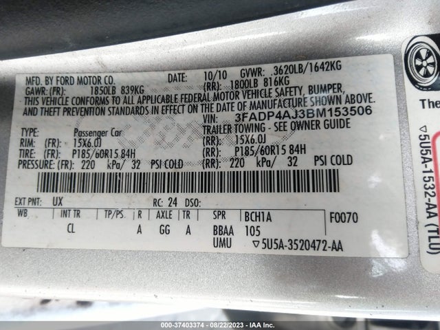 2011 FORD FIESTA S VIN: 3FADP4AJ3BM153506
