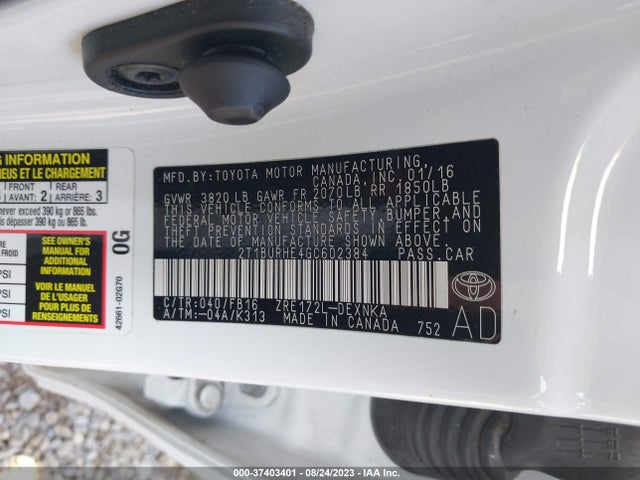 2016 TOYOTA COROLLA L/LE/S/S PLUS/LE PLUS VIN: 2T1BURHE4GC602384