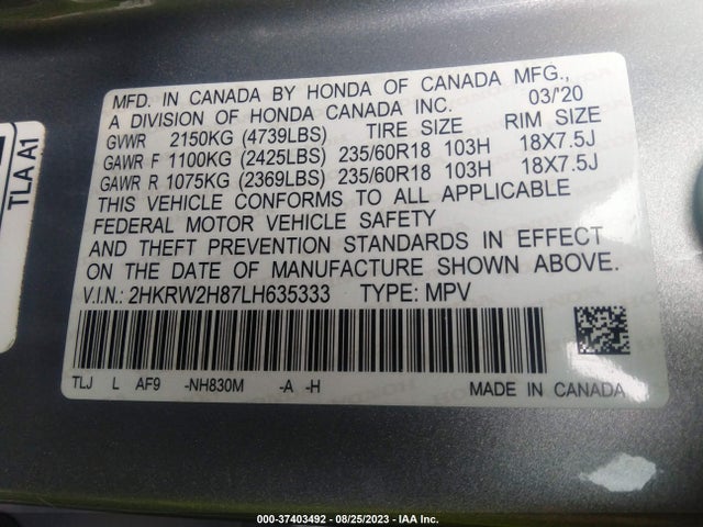 Honda Cr-v Ex-l 2020 2HKRW2H87LH635333 Image 9