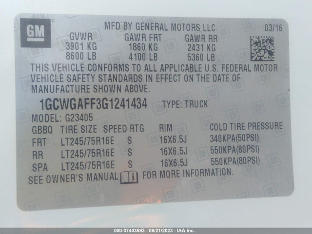 Chevrolet EXPRESS CARGO VAN 2016 1GCWGAFF3G1241434 Image 9