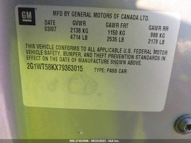2007 CHEVROLET IMPALA 3.5L LT VIN: 2G1WT58KX79363015