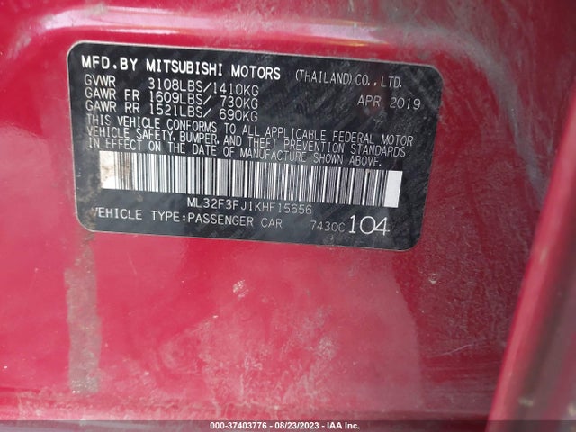 2019 MITSUBISHI MIRAGE G4 ES/RF VIN: ML32F3FJ1KHF15656