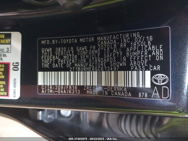 2016 TOYOTA COROLLA LE VIN: 2T1BURHE6GC613497