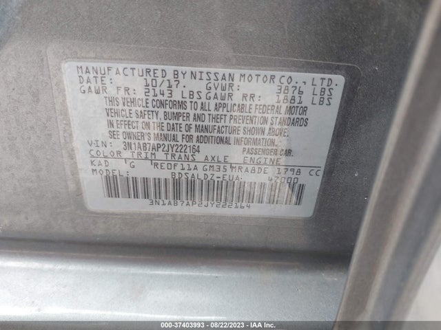 2018 NISSAN SENTRA SV VIN: 3N1AB7AP2JY222164