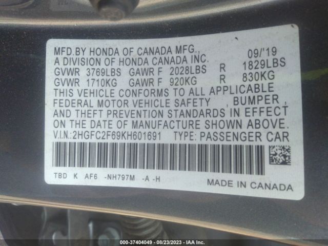 2HGFC2F69KH601691 Honda Civic Sedan Lx
