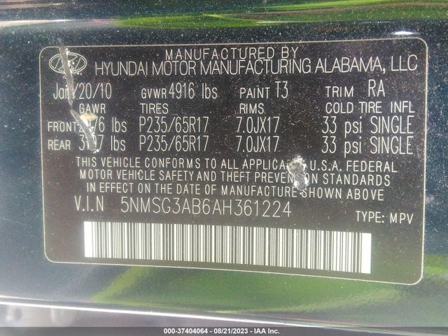 2010 HYUNDAI SANTA FE GLS VIN: 5NMSG3AB6AH361224