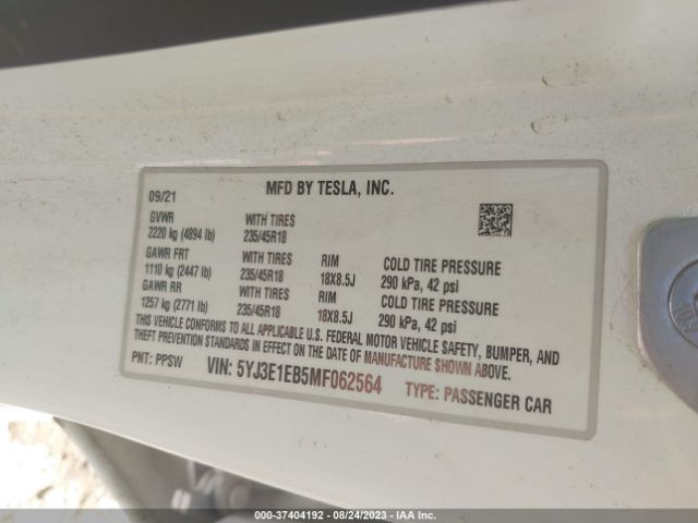 5YJ3E1EB5MF062564 Tesla Model 3 Long Range