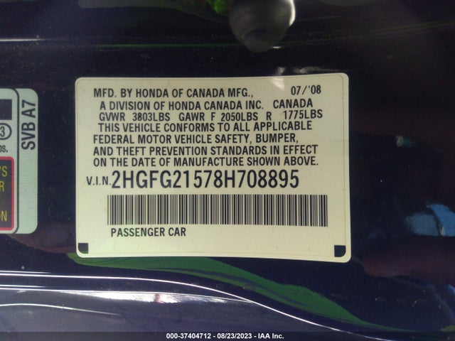 2008 HONDA CIVIC CPE SI VIN: 2HGFG21578H708895