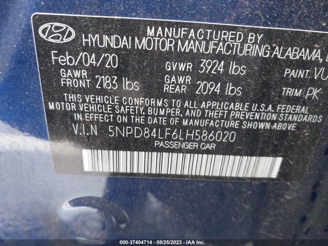 2020 HYUNDAI ELANTRA VALUE EDITION VIN: 5NPD84LF6LH586020