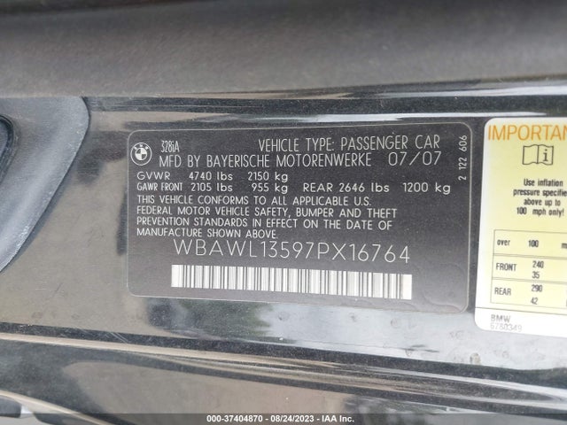 2007 BMW 3 SERIES 328I VIN: WBAWL13597PX16764