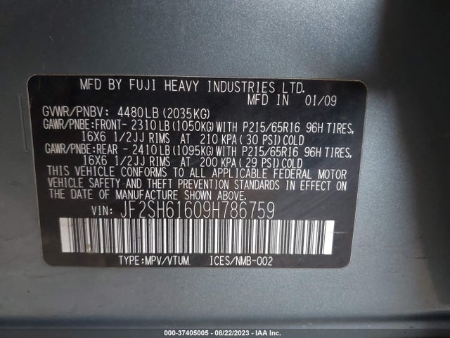 2009 SUBARU FORESTER X VIN: JF2SH61609H786759