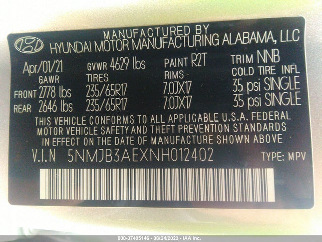 2022 HYUNDAI TUCSON SEL VIN: 5NMJB3AEXNH012402