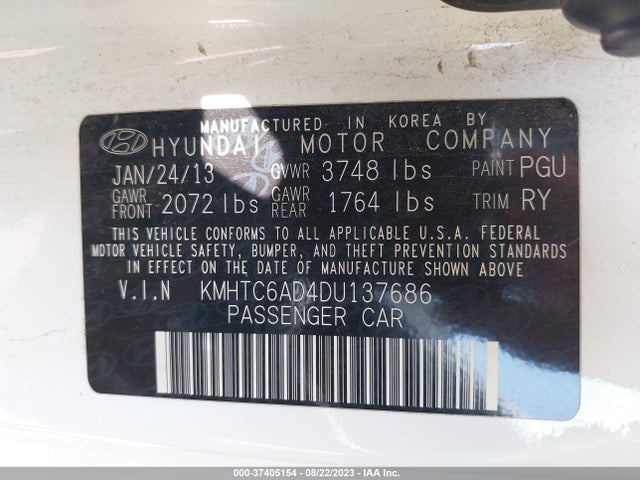 2013 HYUNDAI VELOSTER W/BLACK INT VIN: KMHTC6AD4DU137686