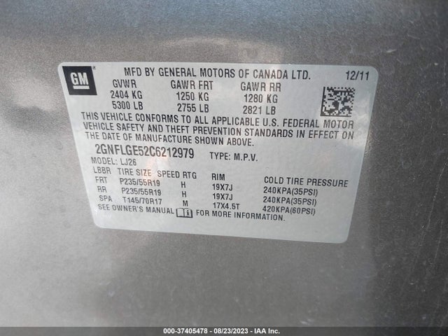 2012 CHEVROLET EQUINOX LTZ VIN: 2GNFLGE52C6212979