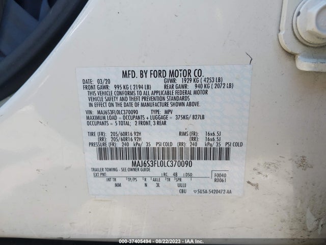 2020 FORD ECOSPORT S VIN: MAJ6S3FL0LC370090