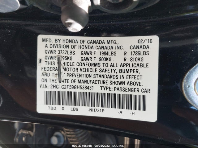 2016 HONDA CIVIC SEDAN LX VIN: 2HGFC2F59GH538431