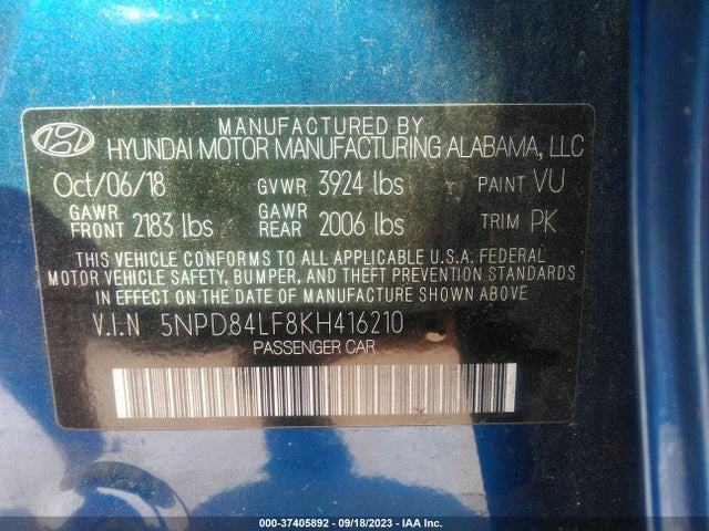 2019 HYUNDAI ELANTRA SEL VIN: 5NPD84LF8KH416210