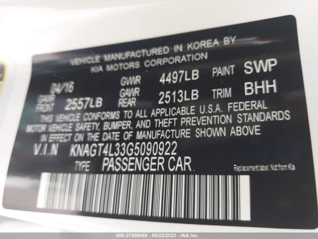KNAGT4L33G5090922 KIA Optima Lx