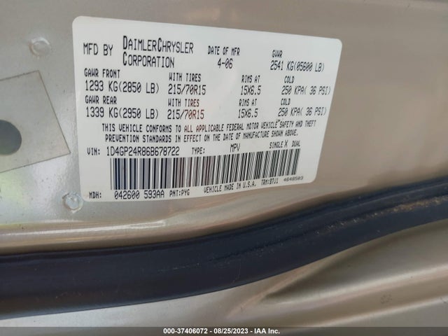 2006 DODGE GRAND CARAVAN SE VIN: 1D4GP24R86B678722