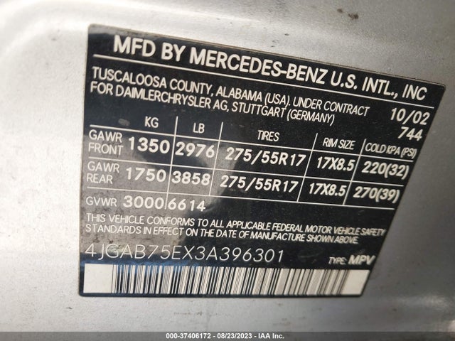 2003 MERCEDES-BENZ M-CLASS 5.0L VIN: 4JGAB75EX3A396301